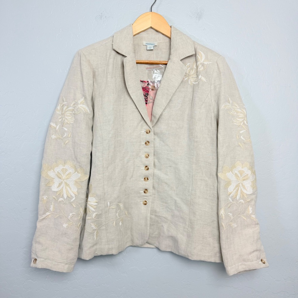 NEW Sundance Womens Embroidered Linen Blend Blazer Beige Floral Hummingbird L